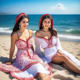 Two beautiful Turkish village girls are sunbathing on the beach, trying to make themselves more attractive