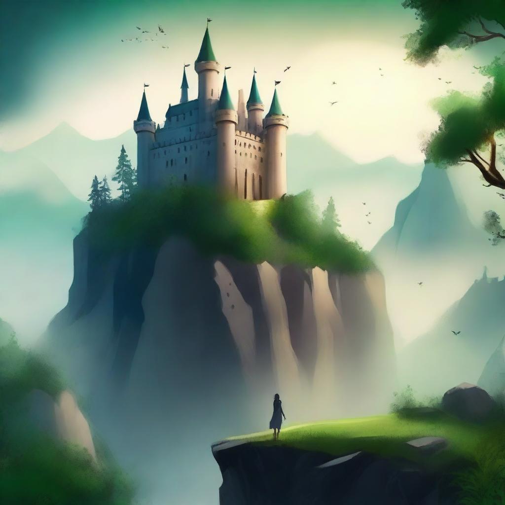 Create a captivating book cover featuring an enchanting fantasy world with a majestic castle, lush forests, and a mysterious figure standing at the edge of a cliff