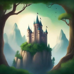 Create a captivating book cover featuring an enchanting fantasy world with a majestic castle, lush forests, and a mysterious figure standing at the edge of a cliff