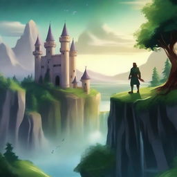 Create a captivating book cover featuring an enchanting fantasy world with a majestic castle, lush forests, and a mysterious figure standing at the edge of a cliff