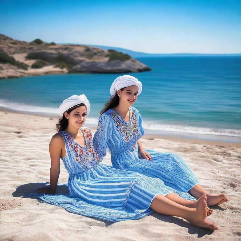 On a sunny beach, attractive and brave Turkish village girls are sunbathing