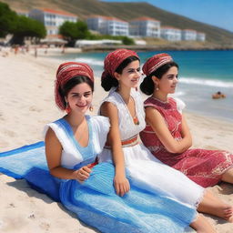 On a sunny beach, attractive and brave Turkish village girls are sunbathing