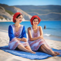 On a sunny beach, attractive and brave Turkish village girls are sunbathing