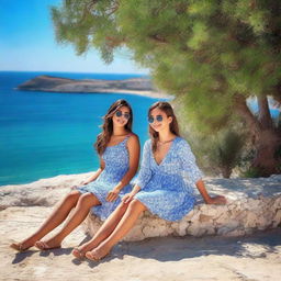 On a sunny beach, breathtaking and brave Turkish village girls are sunbathing in small dresses