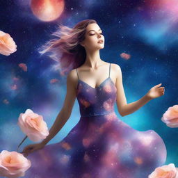 Create an image for a book cover featuring a sensual woman in a short strap dress with big breasts, floating and dancing in outer space among stars and flowers