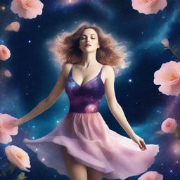 Create an image for a book cover featuring a sensual woman in a short strap dress with big breasts, floating and dancing in outer space among stars and flowers