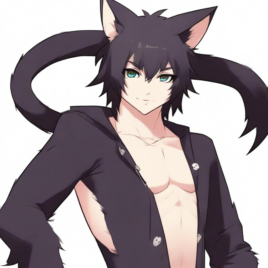 A young male furry character resembling a black cat in a revealing and suggestive pose