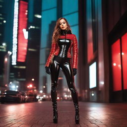 A confident young woman wearing a tight, black shiny puffer corset and red latex leggings