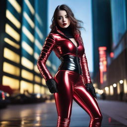 A confident young woman wearing a tight, black shiny puffer corset and red latex leggings