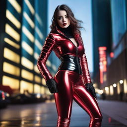 A confident young woman wearing a tight, black shiny puffer corset and red latex leggings