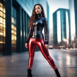 A confident young woman wearing a tight, black shiny puffer corset and red latex leggings