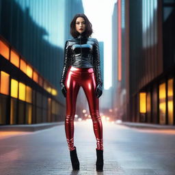 A confident young woman wearing a tight, black shiny puffer corset and red latex leggings