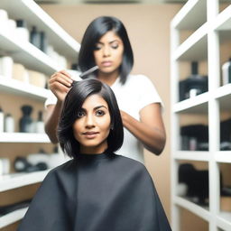 An Indian woman is sitting in a salon chair, looking surprised and slightly distressed as a hairstylist gives her a forced bob haircut