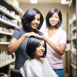 An Indian woman is sitting in a salon chair, looking surprised and slightly distressed as a hairstylist gives her a forced bob haircut