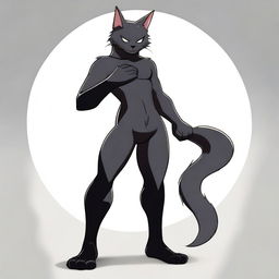 A male furry character resembling a black cat in a revealing and suggestive pose