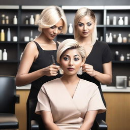 An Indian woman wearing a sexy, modern dress is sitting in a salon chair