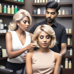 An Indian woman wearing a sexy, modern dress is sitting in a salon chair