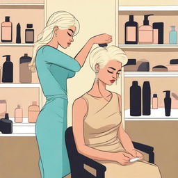 An Indian woman wearing a sexy, modern dress is sitting in a salon chair, crying as a hairstylist gives her a forced blonde haircut