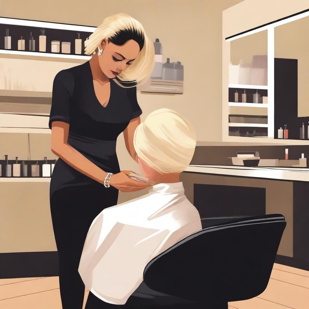 An Indian woman wearing a sexy, modern dress is sitting in a salon chair, crying as a hairstylist gives her a forced blonde haircut