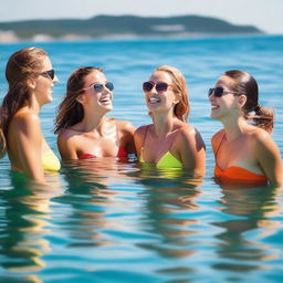 Young, beautiful women swimming in the sea