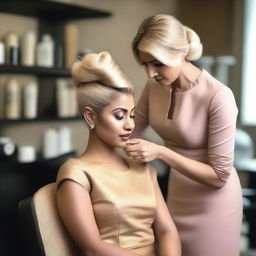 An Indian woman wearing a sexy, modern dress is sitting in a salon chair, crying as a hairstylist gives her a forced blonde haircut