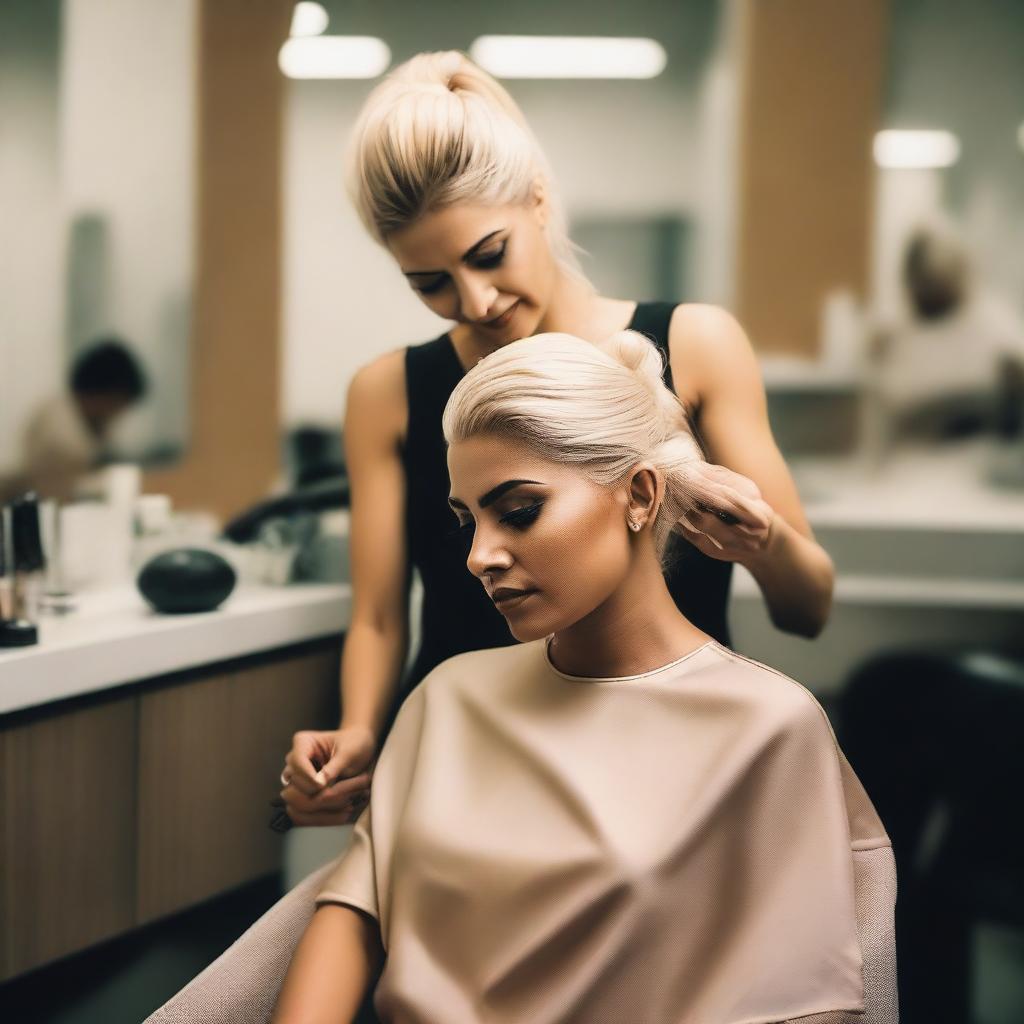 An Indian woman wearing a sexy, modern dress is sitting in a salon chair, crying as a hairstylist gives her a forced blonde haircut