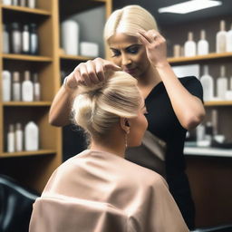 An Indian woman wearing a sexy, modern dress is sitting in a salon chair, crying as a hairstylist gives her a forced blonde haircut