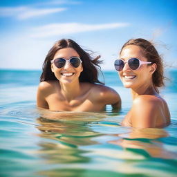 Young beautiful women swimming in the sea, enjoying themselves in a sensual manner