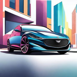 A detailed illustration of a modern car, showcasing sleek design, aerodynamic features, and a vibrant color