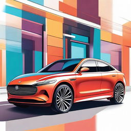 A detailed illustration of a modern car, showcasing sleek design, aerodynamic features, and a vibrant color