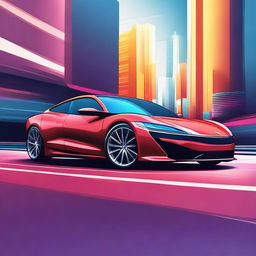 A detailed illustration of a modern car, showcasing sleek design, aerodynamic features, and a vibrant color