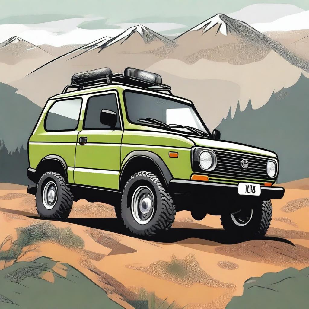 A detailed illustration of a 4x4 vehicle similar to a Lada Niva, showcasing its rugged design, off-road capabilities, and sturdy build