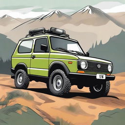 A detailed illustration of a 4x4 vehicle similar to a Lada Niva, showcasing its rugged design, off-road capabilities, and sturdy build