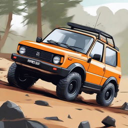 A detailed illustration of a 4x4 vehicle similar to a Lada Niva, showcasing its rugged design, off-road capabilities, and sturdy build