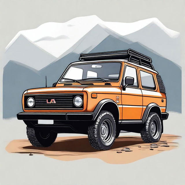 A detailed illustration of a 4x4 vehicle similar to a Lada Niva, showcasing its rugged design, off-road capabilities, and sturdy build