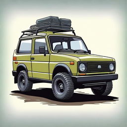 A detailed illustration of a 4x4 vehicle similar to a Lada Niva, showcasing its rugged design, off-road capabilities, and sturdy build