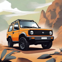 A detailed illustration of a brand new 4x4 vehicle inspired by the Lada Niva, but from a new car brand