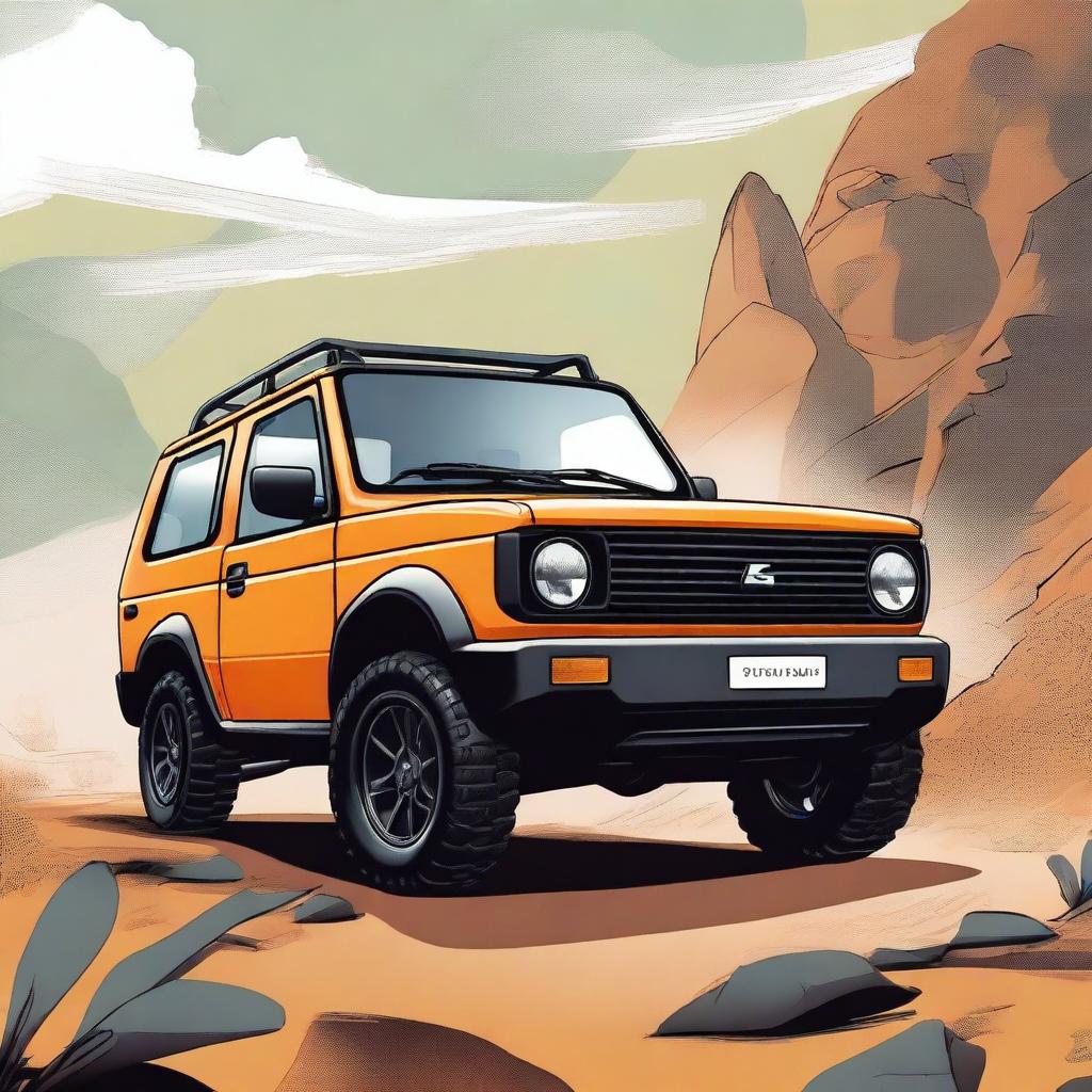 A detailed illustration of a brand new 4x4 vehicle inspired by the Lada Niva, but from a new car brand