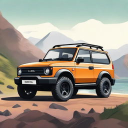 A detailed illustration of a brand new 4x4 vehicle inspired by the Lada Niva, but from a new car brand