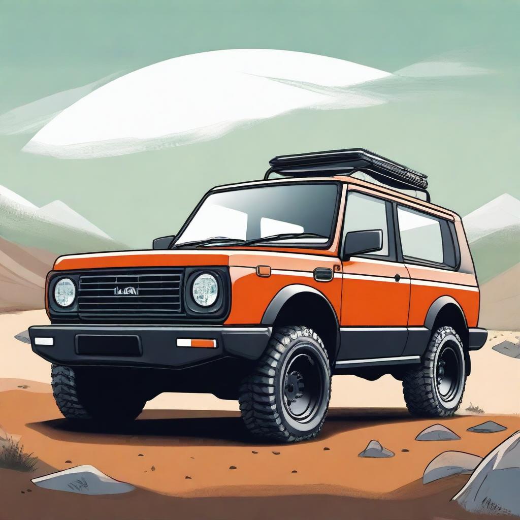 A detailed illustration of a brand new 4x4 vehicle inspired by the Lada Niva, but from a new car brand