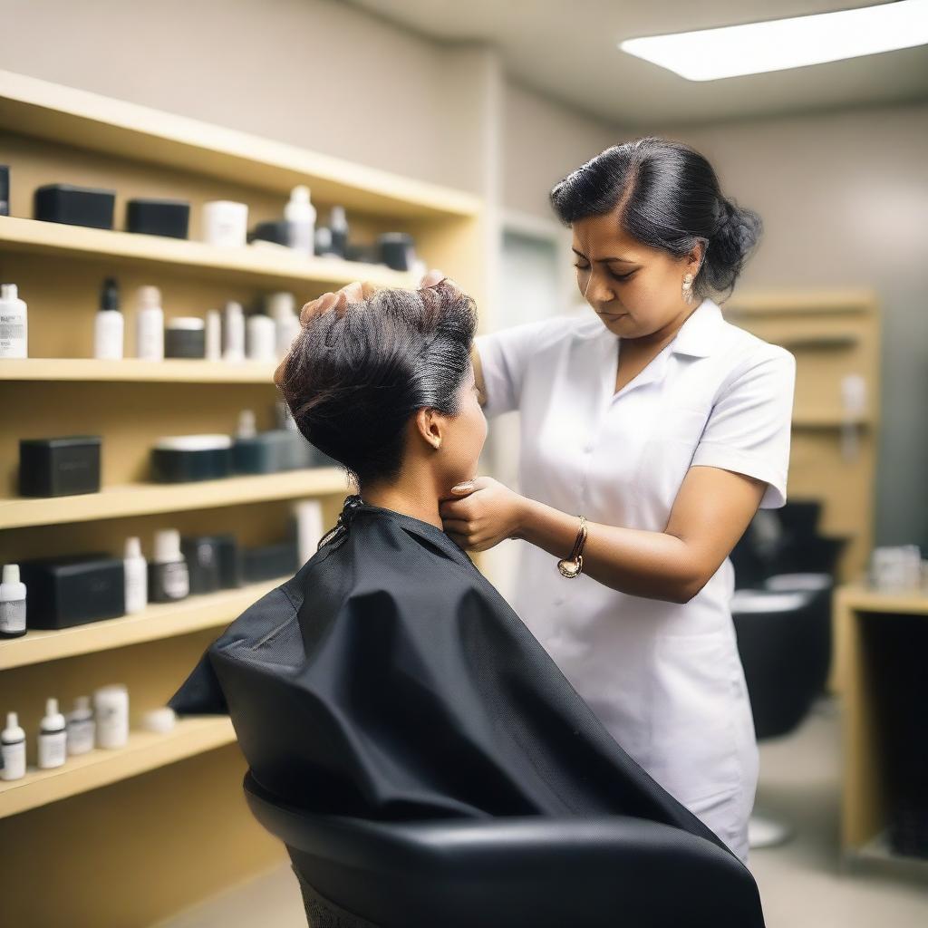 An Indian woman is sitting in a salon chair, crying as a hairstylist gives her a forced haircut