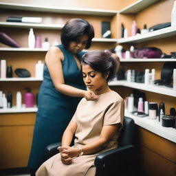 An Indian woman is sitting in a salon chair, crying as a hairstylist gives her a forced haircut