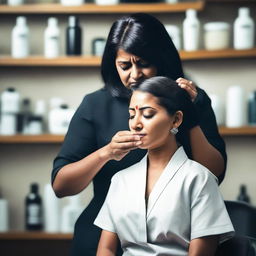 An Indian woman is sitting in a salon chair, crying as a hairstylist gives her a forced haircut