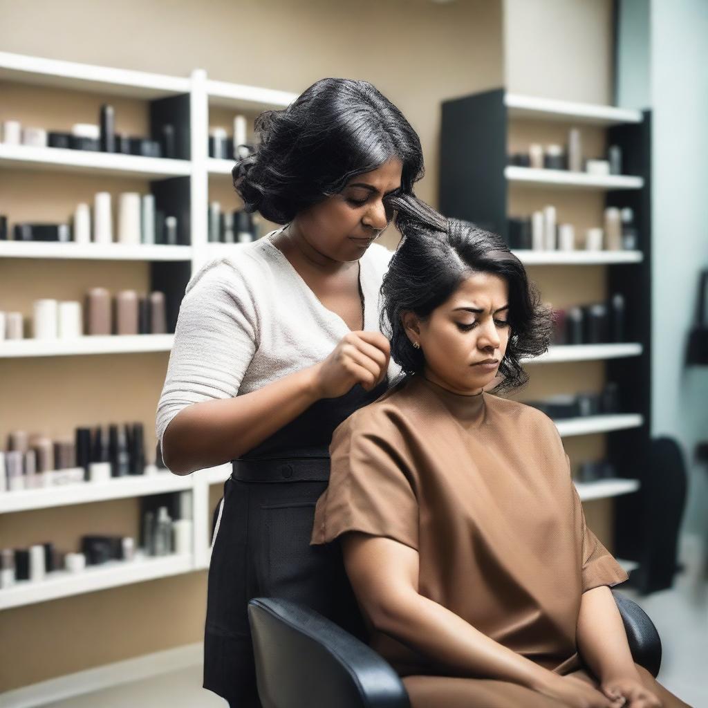 An Indian woman is sitting in a salon chair, crying as a hairstylist gives her a forced haircut