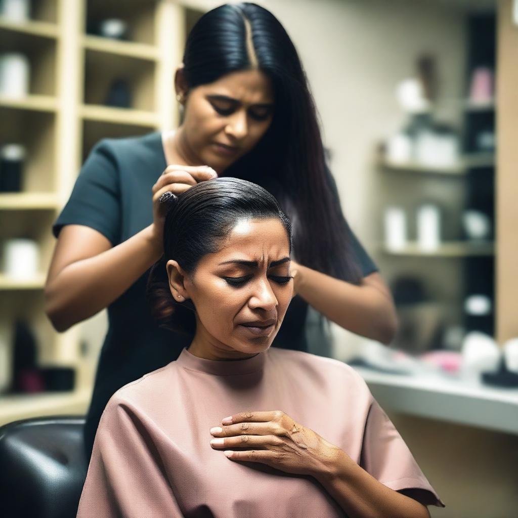 An Indian woman is sitting in a salon chair, crying as a hairstylist gives her a forced haircut