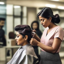 An Indian woman is sitting in a salon chair, crying as a hairstylist gives her a forced haircut