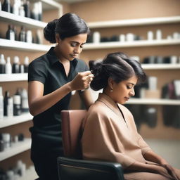 An Indian woman is sitting in a salon chair, crying as a hairstylist gives her a forced haircut