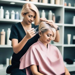 An Indian woman is sitting in a salon chair, crying as a hairstylist gives her a forced haircut and dyes her hair blonde