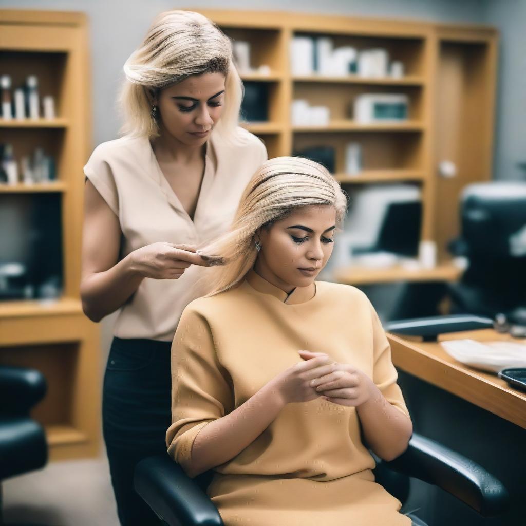 An Indian woman is sitting in a salon chair, crying as a hairstylist gives her a forced haircut and dyes her hair blonde