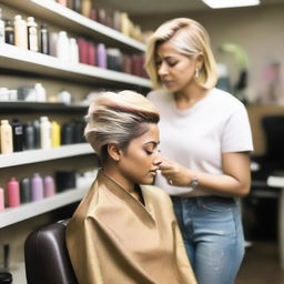 An Indian woman is sitting in a salon chair, crying as a hairstylist gives her a forced haircut and dyes her hair blonde